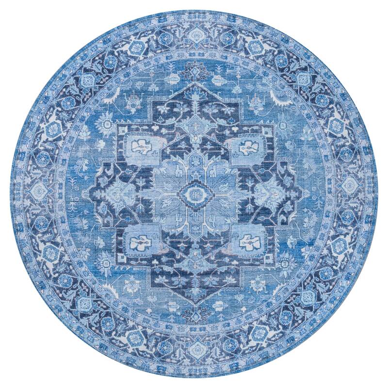JONATHAN Y Marrakesh Ornate Medallion Machine Washable Area Rug - 8' Round - Blue/Navy