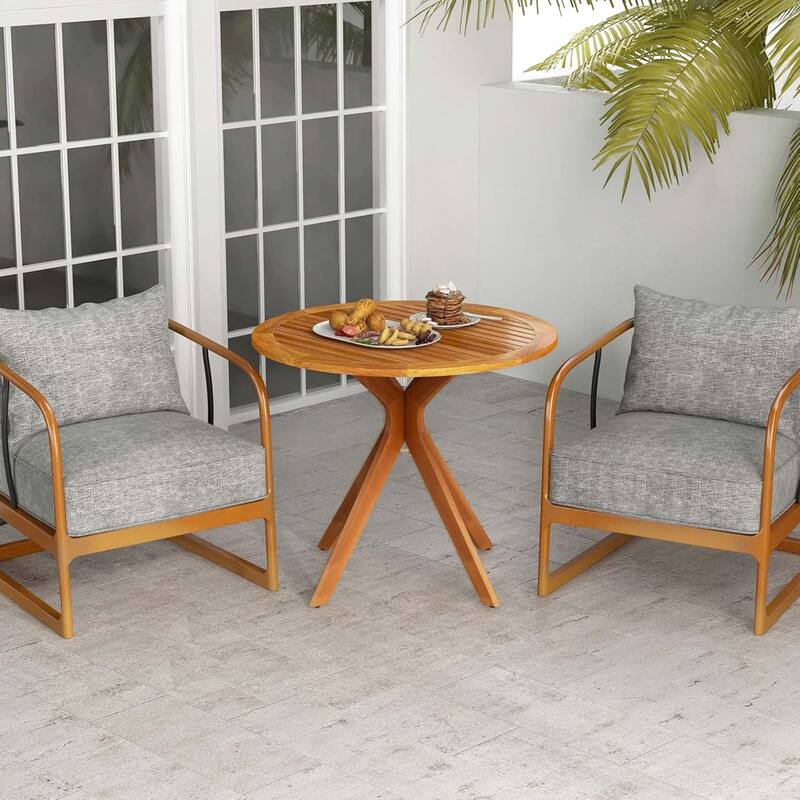 35.5" Wood Dining Table Round Bistro Table w/ Slatted Tabletop