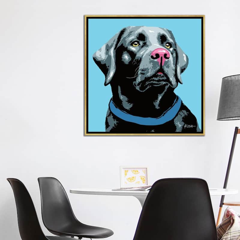 iCanvas "Black Lab Blue Woofhol" by Gretchen Kish Serrano Framed Canvas Print