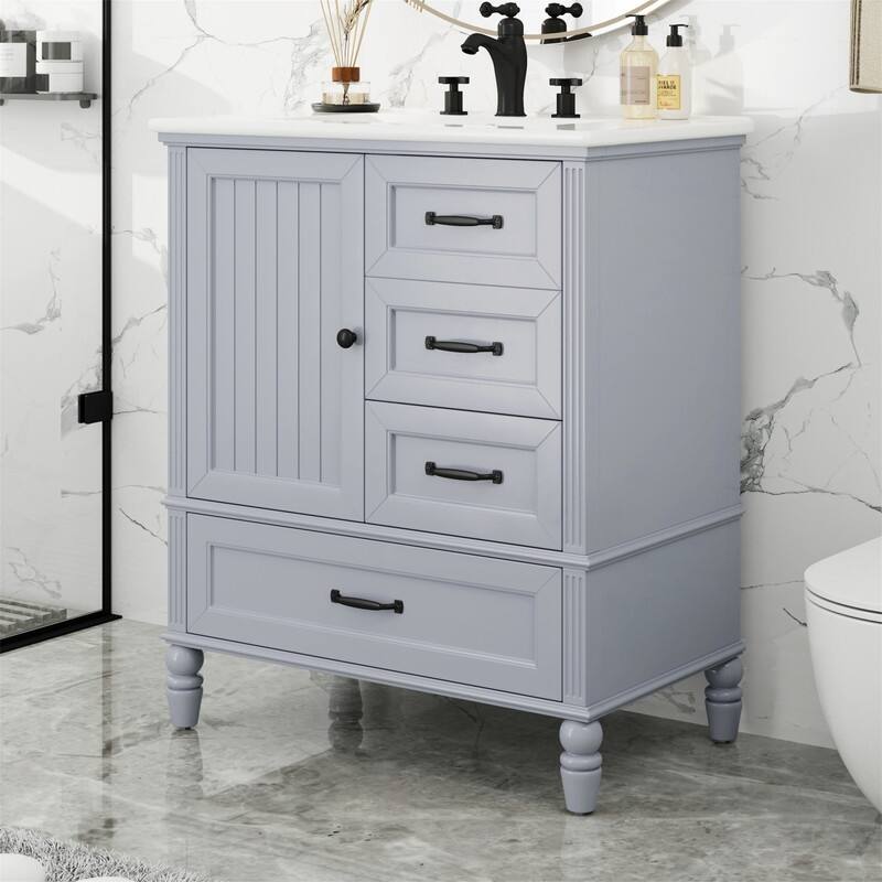 30" Bathroom Vanity with Ceramic Sink Combo, Freestanding Bathroom Vanity Cabinet with 1 Door and 3 Storage Drawers