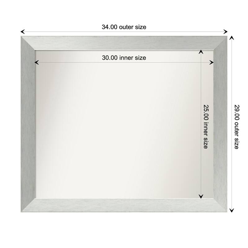 Brushed Sterling Silver Framed Non-Beveled Custom Wall Mirror, Bathroom Vanity Mirror - Outer Size: 34 x 29