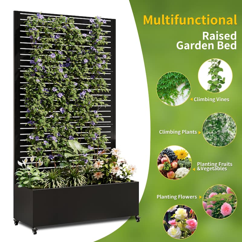 Anmytek Metal Planter Box with Trellis on Wheels Privacy Screen Vertical Garden Black Outdoor Indoor