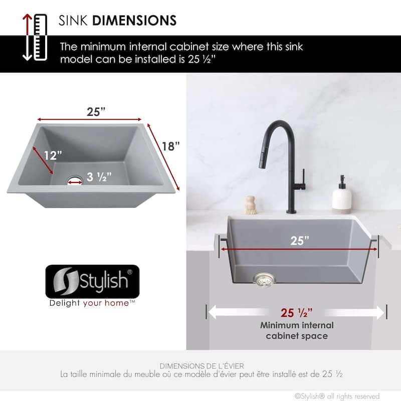 STYLISH 25 inch Single Bowl Dual Mount Composite Granite Utility Sink