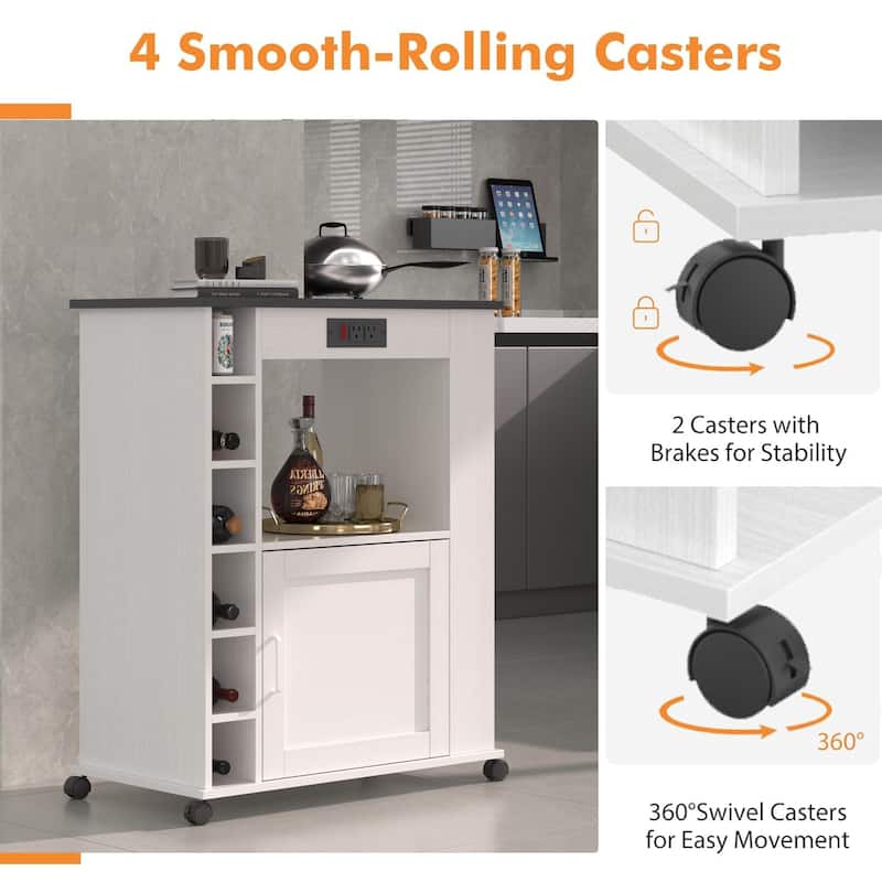 VECELO Kitchen Cart with Wheels and Charging Station,35.4'Kitchen Island Cart Wine Rack Bar Table, Bar Cabinet