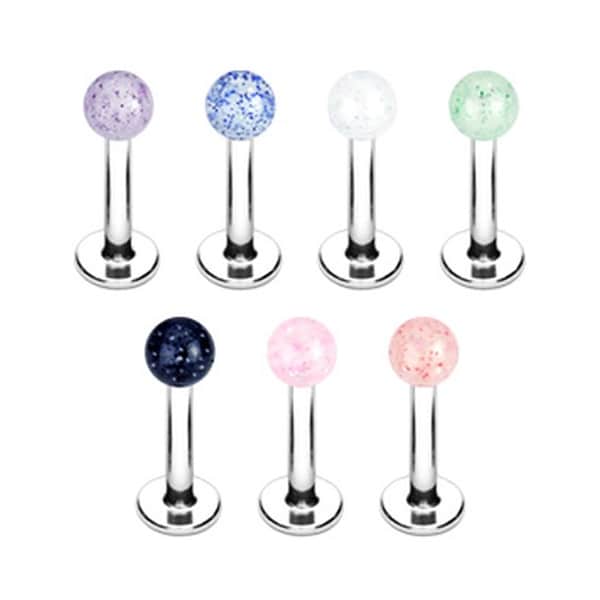 Surgical Steel Labret, Monroe, Cartilage or Tragus with 4 mm Glitter UV BallLong (Sold Ind.)
