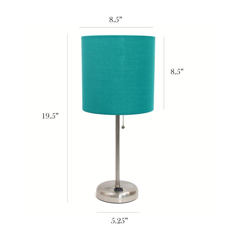 19.5 in. Brushed Steel Finish Table Lamp with Blue Shade, Durable Stick Lamp for End/Side Tables, Set of 2
