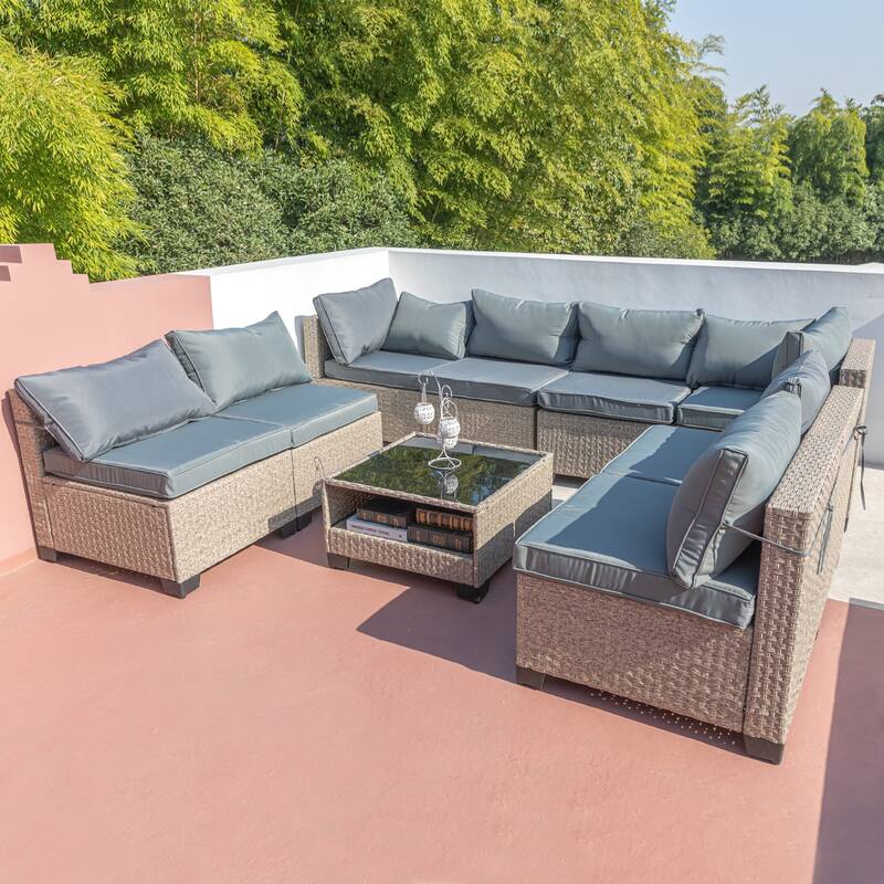 9-Piece Patio Furniture Set, Outdoor Patio Wicker Furniture Couch Set with Water Resistant Thick Cushions and Storage Table - Beige+Grey