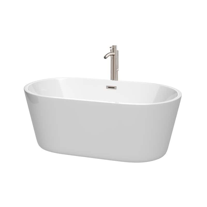 Wyndham Collection Carissa 60-inch White Freestanding Soaking Bathtub - White, Brushed Nickel Trim & Faucet