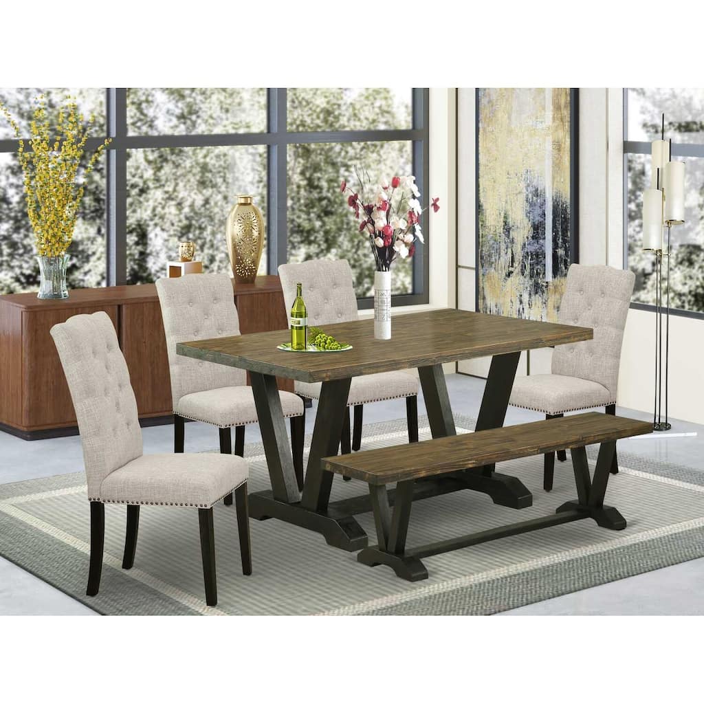 HomeStock 6-Pc Rectangle Distressed Jacobean Finish Solid Wood Top Dining Table with 1-Bench, 4-Chairs