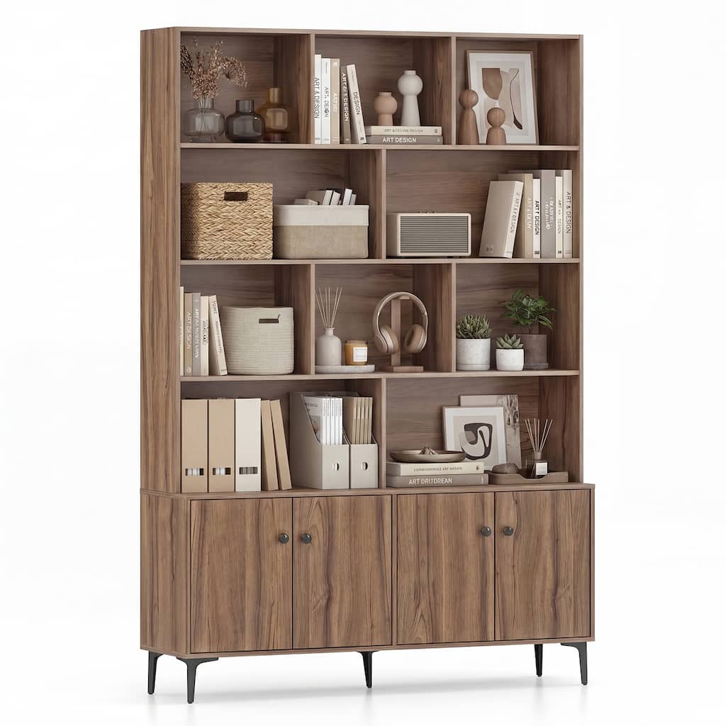 Gymax Bookshelf w/ Doors 5-Tier Floor Standing Bookcase w/ 2