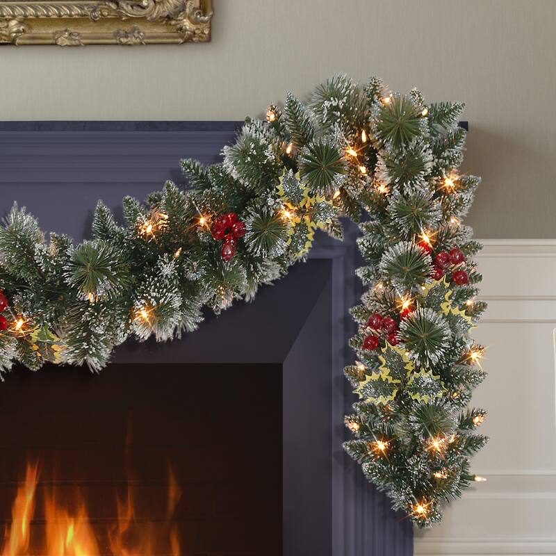 Puleo International 9 ft. x 10" Pre-Lit Snowy Silverton Pine Garland - Green - 9.8