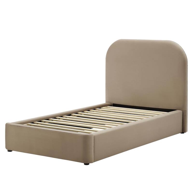 Hillsway Modern Curved Headboard Taupe Velvet Upholstered Twin Size Platform Bed