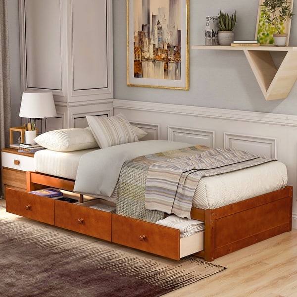 slide 2 of 17, Nestfair Twin Size Platform Storage Bed with 3-Drawers Oak