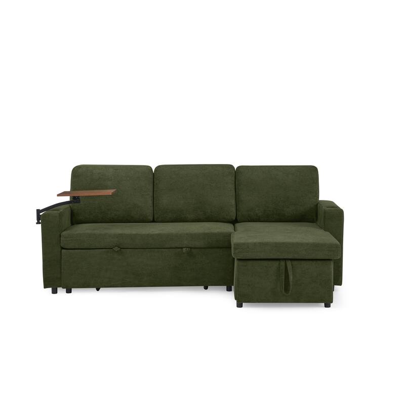 Pull Out Sleeper Sofa Bed Chenille L-shaped Sectional Couch with Storage Chaise, Retractable Table, LED, USB and Cup Holders