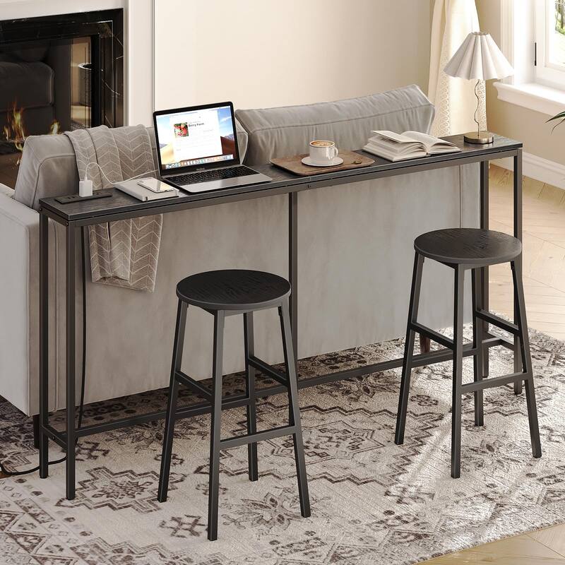 Bar Stools, Set of 2 Round Bar Chairs with Footrest, 24.4 Inch Kitchen Breakfast Bar Stools, Industrial Bar Stools