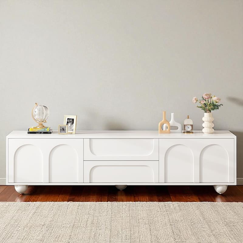 TV Stand with Arched Doors & 2 Drawers for TVs up to 75", Cream Media Console with Rebound Device and 5 Round Metal Legs - White