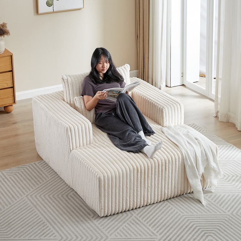 Beige Corduroy Sofa Lounge Chair with 2 Pillows