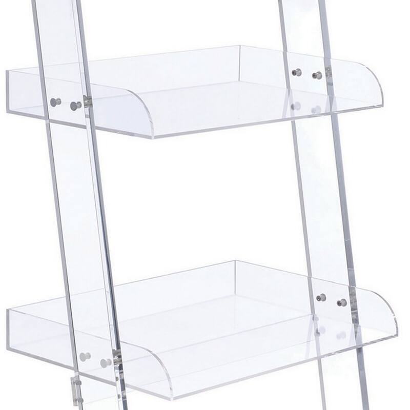72 Inch Modern Ladder Bookcase, 4 Shelves, 3 Tray Edges, Clear Acrylic