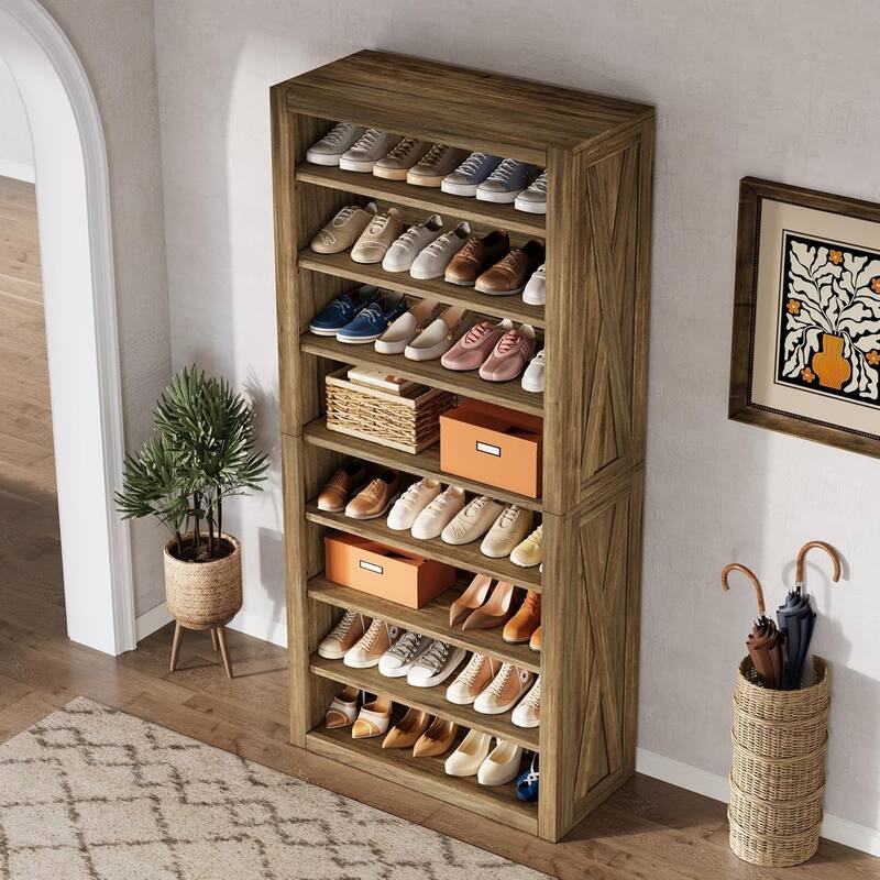 71 Inches Brown Wood Large Shoe Cabinet with Adjustable Shelves, 8-Tier Tall Shoe Storage Organizer for Entryway