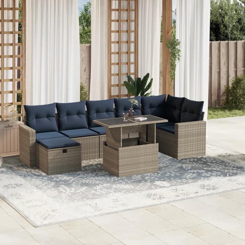 vidaXL Patio Sofa Set with Cushions and Table Outdoor Garden 8 Piece Poly Rattan - 24.4" x 24.4" x 27.2" - Gray