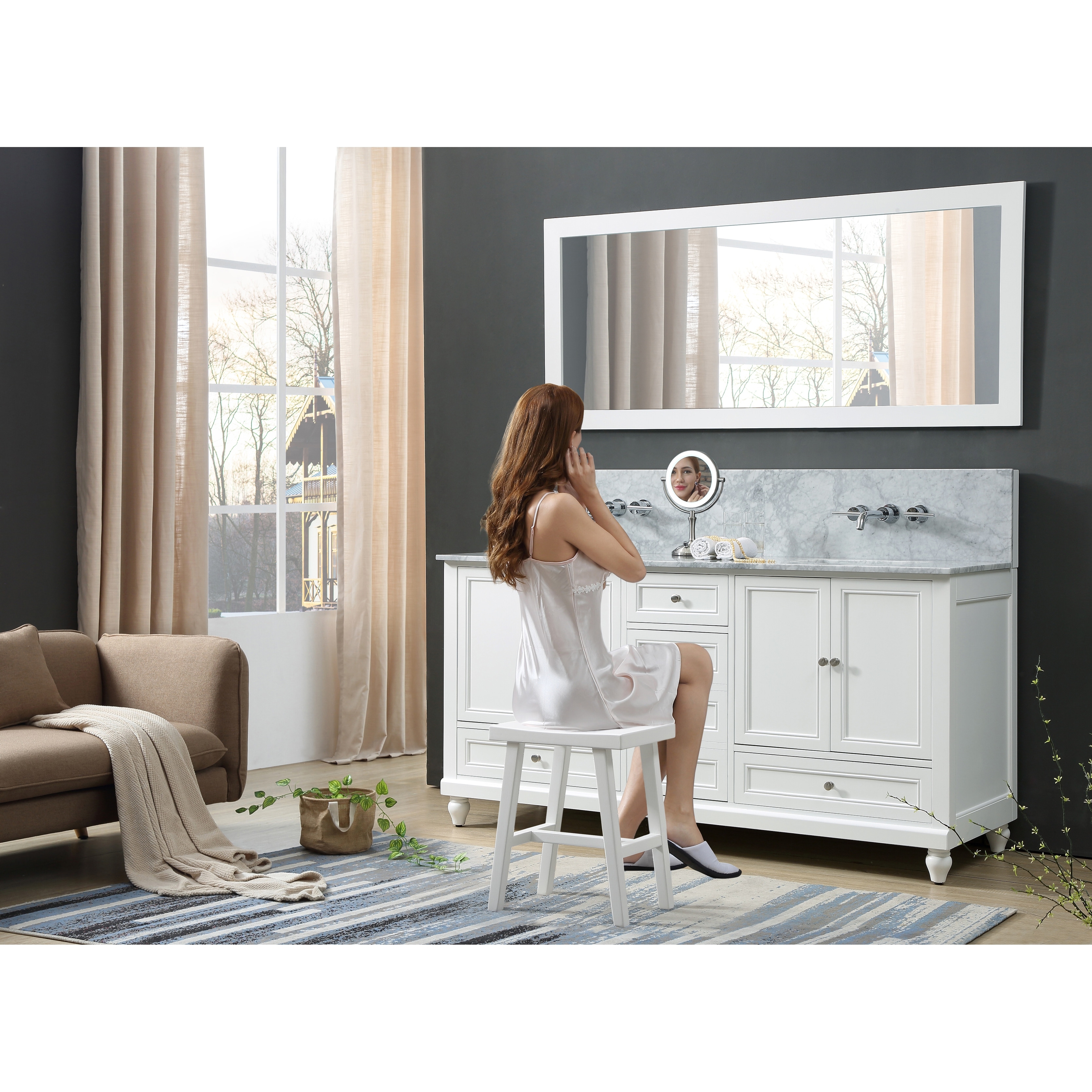 Classic Premium72 In. Bath and Makeup Hybrid Vanity in White with