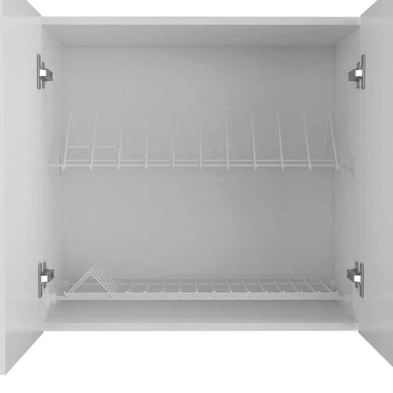 Wall Cabinet with 4 Doors, 2 Open Shelves, Built-In Dish Rack, and Glass Organizer for Kitchen