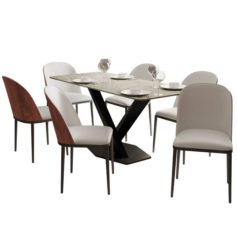 Voren 7-Piece Dining Set 55-Inch Rectangular Sintered Stone Dining Table and 6 Dining Side Chairs - Walnut/White
