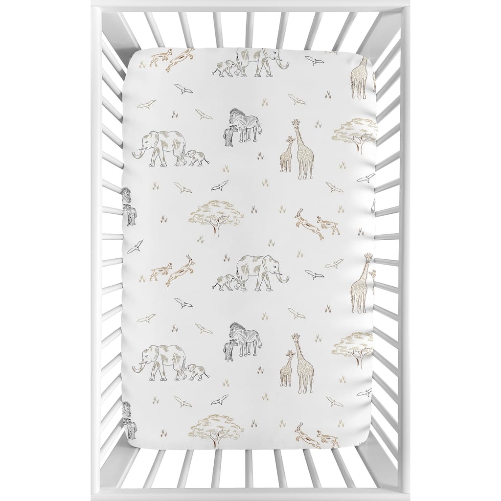 Baby Fitted Mini Portable Crib Sheet Jungle Safari Animal Pack Play Taupe Black White Gender Neutral Elephant Wildlife Adventure
