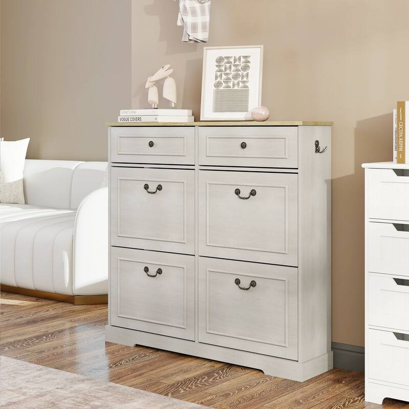 Antique White Slim Shoe Storage Cabinet – Freestanding Organizer with 2 Drawers, 4 Flip-Up Compartments, and Adjustable Shelf