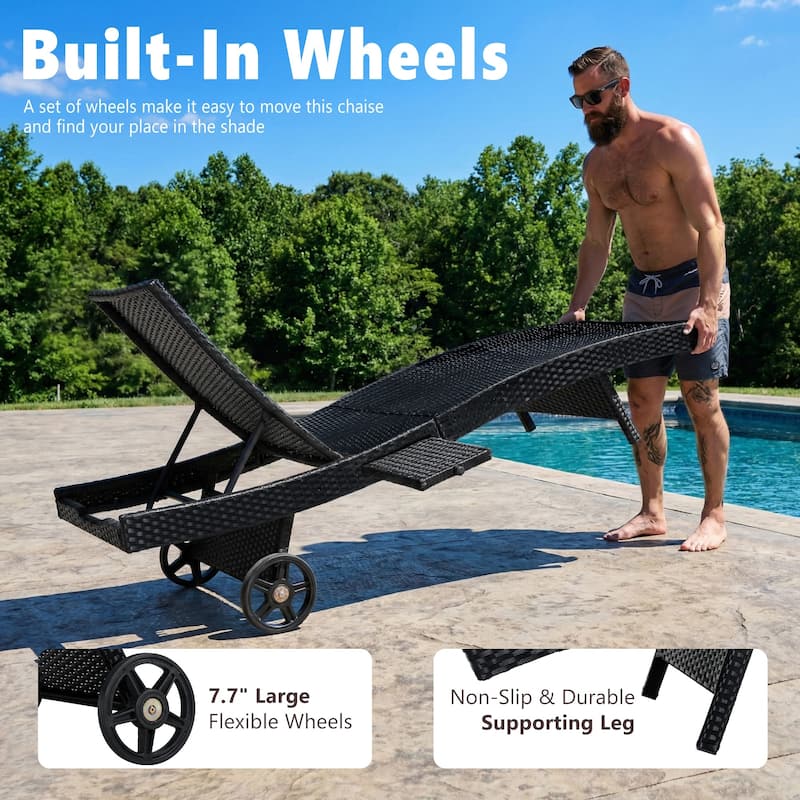 80"Patio Chaise Lounge Chairs Set of 2, Rattan Reclining Chair w/Rolling Wheels & Pull-out Side Table, Adjustable Backrest