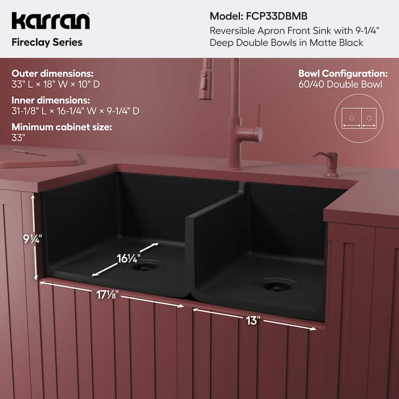 Karran 33" Double Bowl Panel Front Farmhouse Fireclay Kitchen Sink with Reversible Apron Front