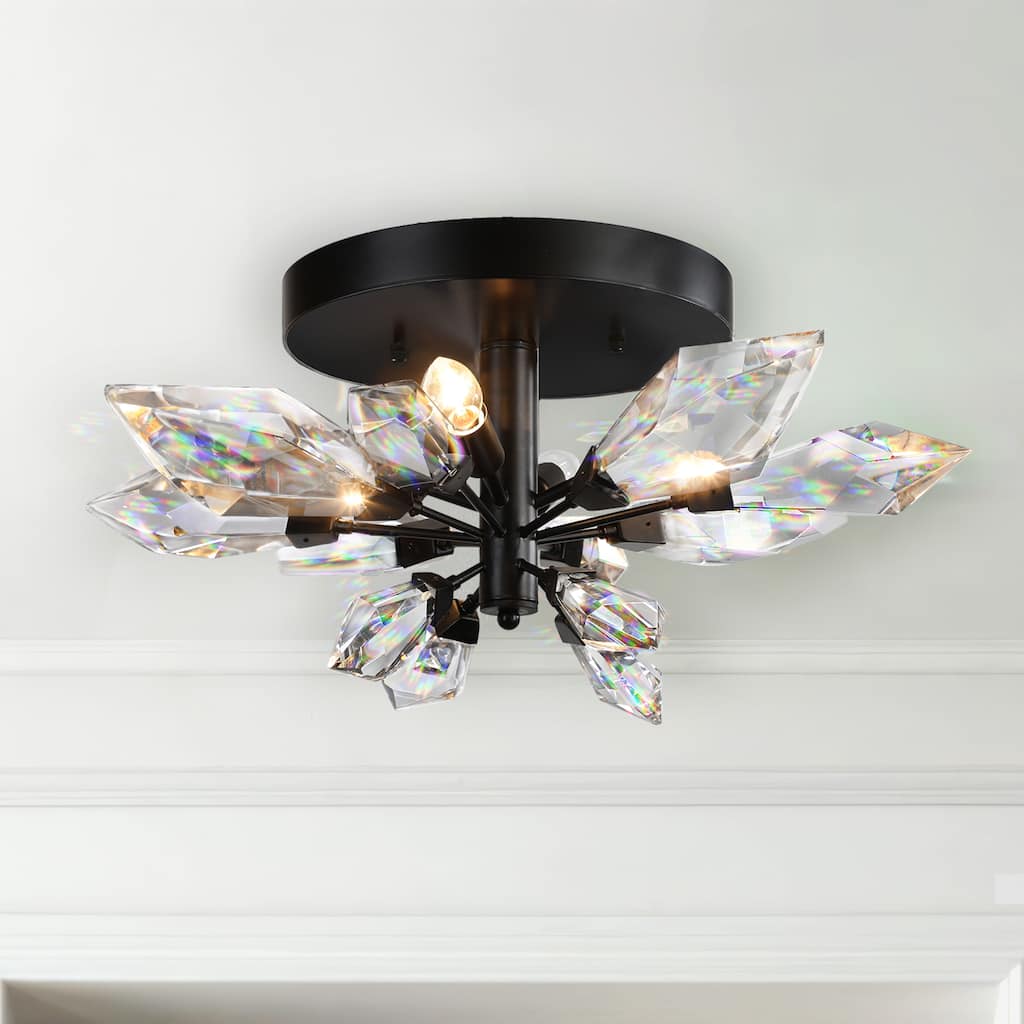 Matte Black with Clear Crystals 4 Lights 24" Flush Mount Ceiling Lamp - 24" Wide