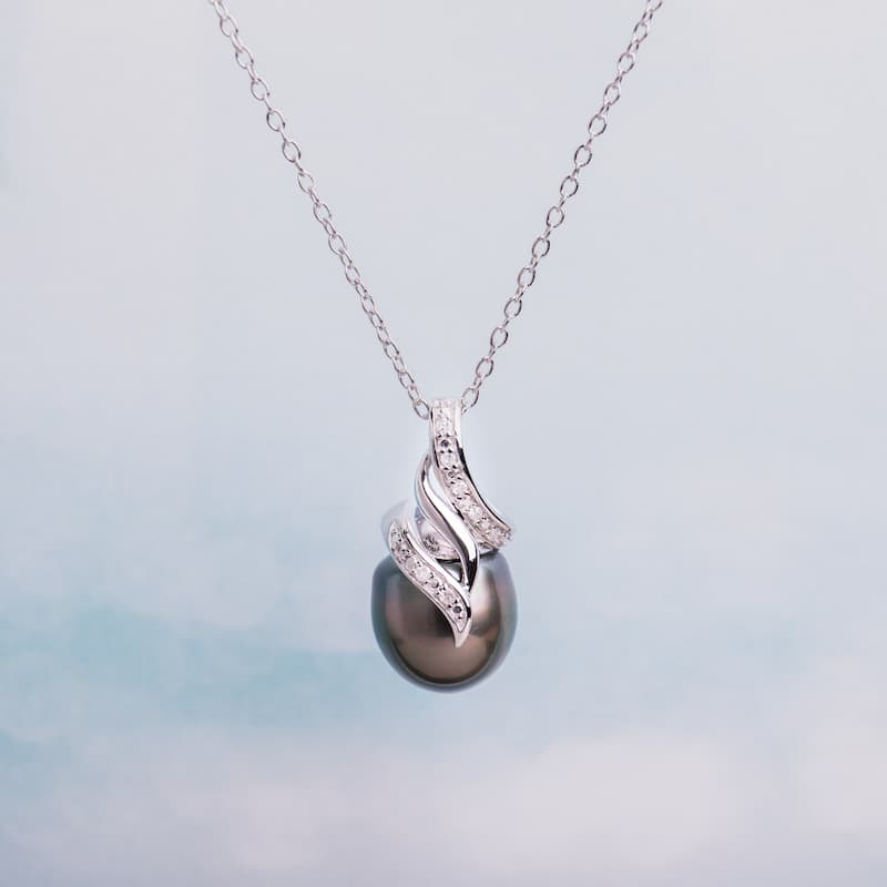 Miadora 9-10mm Tahitian Cultured Pearl Diamond Swirl Drop Necklace Sterling Silver - 21.8 mm x 18 inch x 11.4 mm