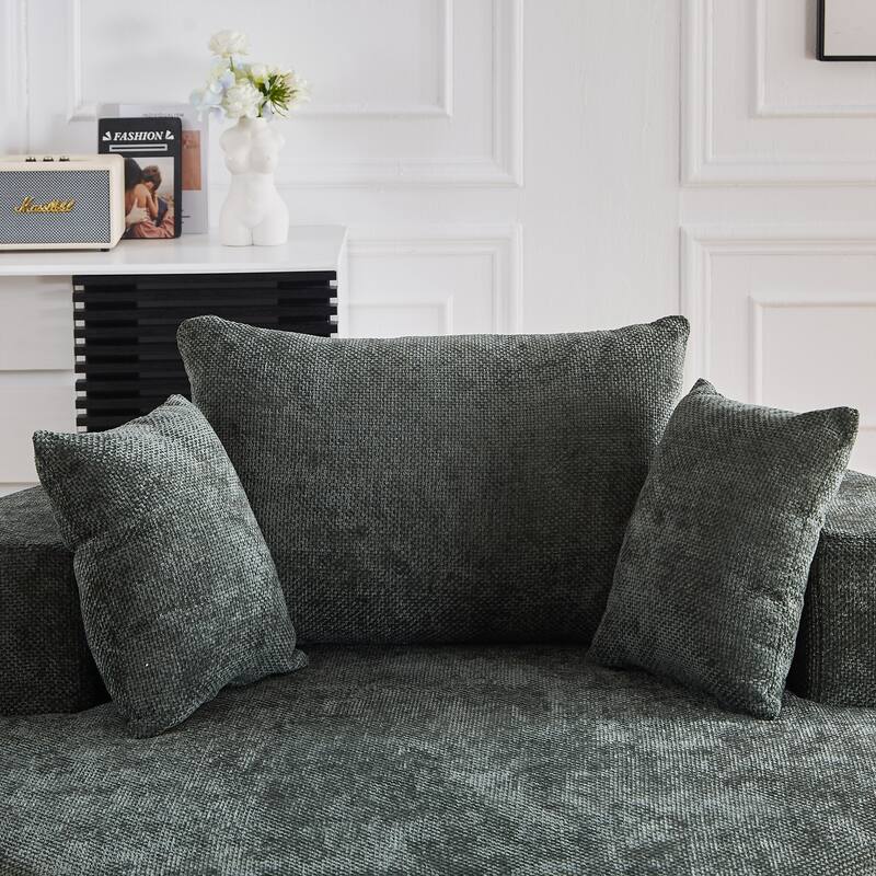 360° Swivel Sofa Chair Chenille Round Single Chaise Lounge with Cylindrical Neck Pillow and Integrated Backrest for Living Room