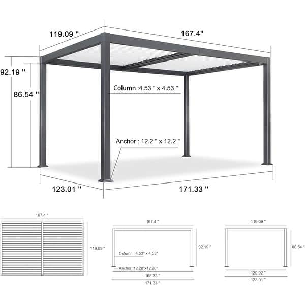 dimension image slide 8 of 36, PURPLE LEAF Outdoor Louvered Pergola with Adjustable Metal Roof for Patio Pergola
