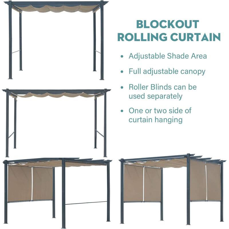 Aoodor 10 x 10 FT Outdoor Pergola with Retractable Shade Canopy, 4 Pieces Roller Shade Curtain
