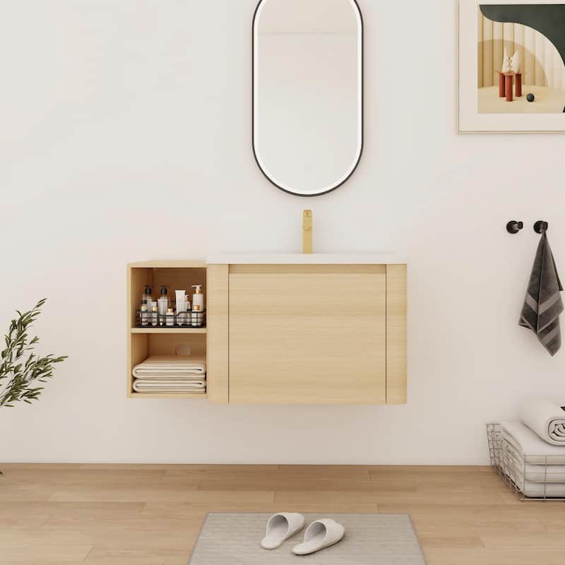 Bathroom Vanity With Sink In 24/28/36/40/60/68 Inch, Floating Bathroom Vanity With Soft Close Door - 39.8''W×18.7''D×19.9''H - Beige