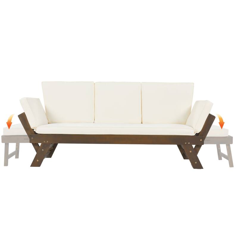 Outdoor Acacia Wood Adjustable Daybed Sofa with Cushions, Expandable Patio Chaise Lounge for Small Spaces, Deck or Balcony