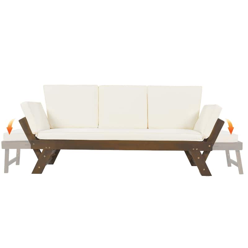 Outdoor Patio Solid Wood Daybed Sofa with Adjustable Armrests