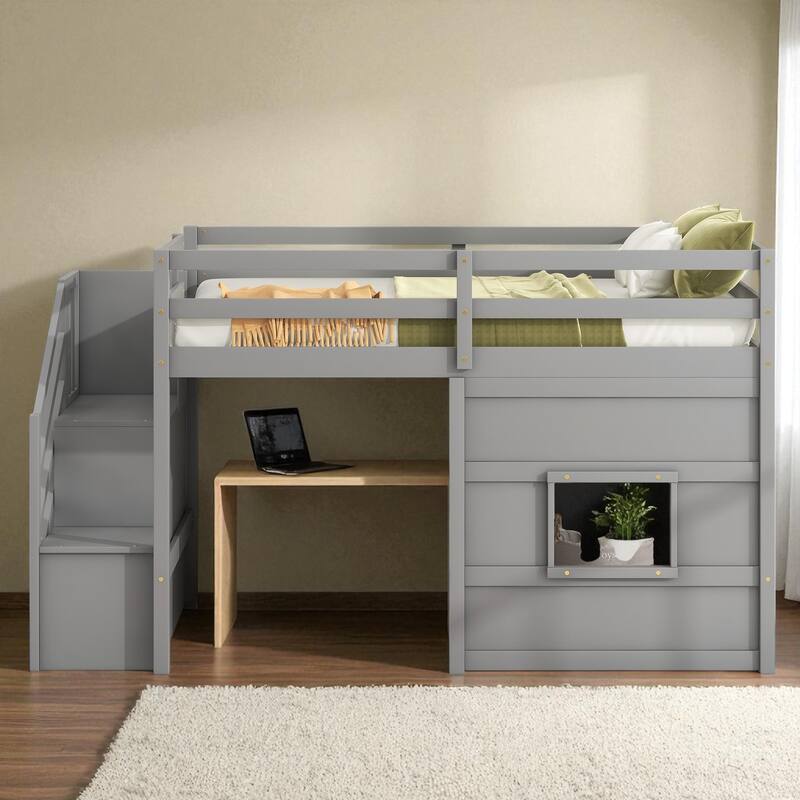 Twin Size Loft Bed with Storage Staircase, Window, LED Light and Guardrails, Solid Wood Frame
