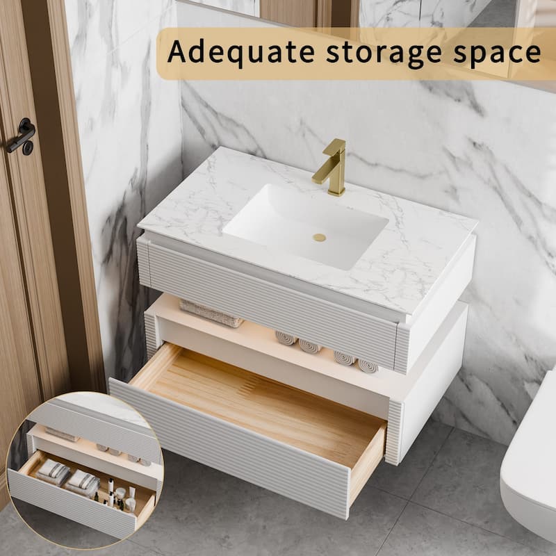 Modland 36" Modern Wall-Mounted Bathroom Vanity with Engineered Stone Countertop & Ceramic Undermount Sink