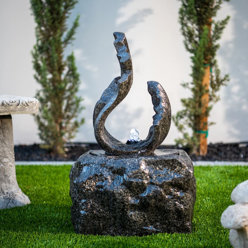 XBrand 25 in H Stone-look Sculptural Modern Freestanding Fiber Resin Outdoor Garden Fountain w/ LED Light