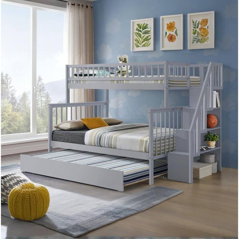 Gray Twin over Full Stairway Bunk Bed with Trundle and Storage - Grey