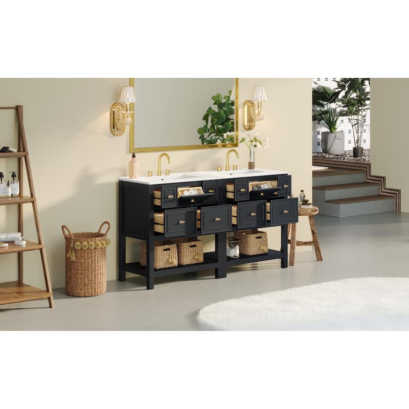 60'' Bathroom Vanity With Ceramic Sink Combo, Free Standing Single Vanity Set With 5 Drawers,Solid Wood FrameStorage Cabinet