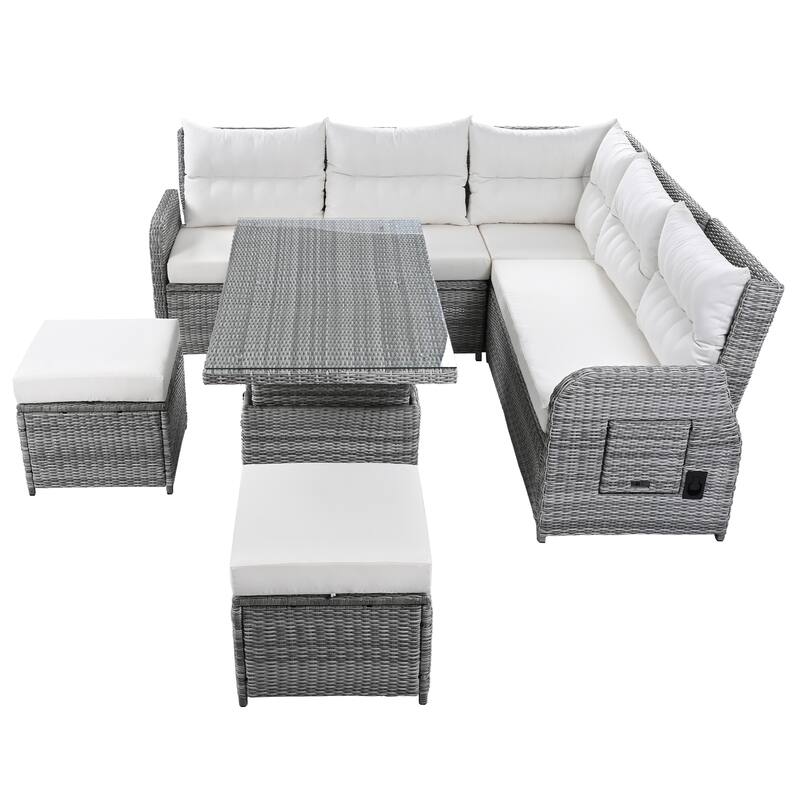 Outdoor Rattan Furniture Set with Extendable Table and Two Ottomans