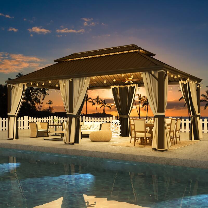 EROMMY Hardtop Gazebo with Galvanized Steel Roof and Curtains, Outdoor Aluminum Pavilion for Patio, Backyard, Lawn