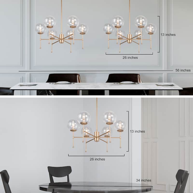 Koini Mid-century Modern 6-light Orb Glass Chandelier Wheel Hanging Lights for Dining Room - D26'' x H90''