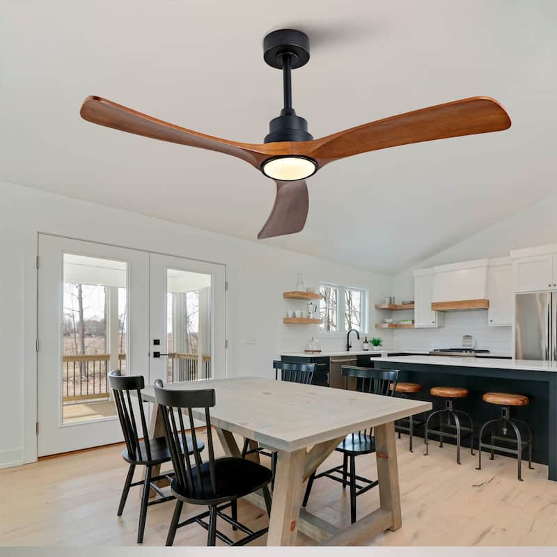 52 Inch Wood Ceiling Fan With 3 Solid Wood Blades Remote Control Reversible DC Motor For Living Room - Black
