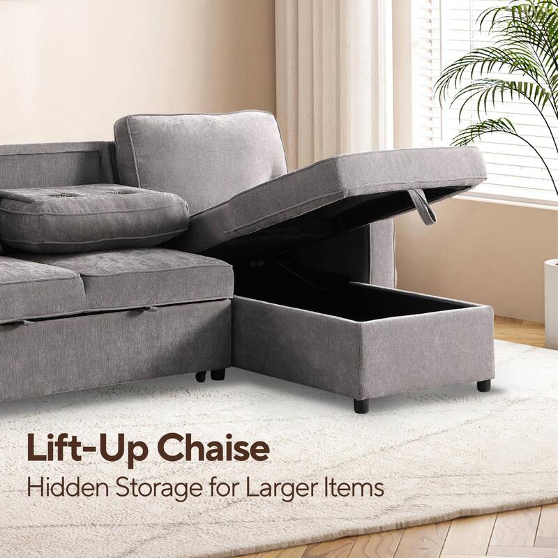 Chenille L-shaped Sectional Sofa with Pull Out Sleeper Bed, Reversible Storage Chaise, Folding Cup Holders and Charging Station
