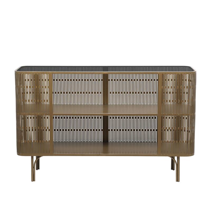 Metal Art Deco Inspired Console Table with Black Tempered Glass Top - Gold - Roche River Decor